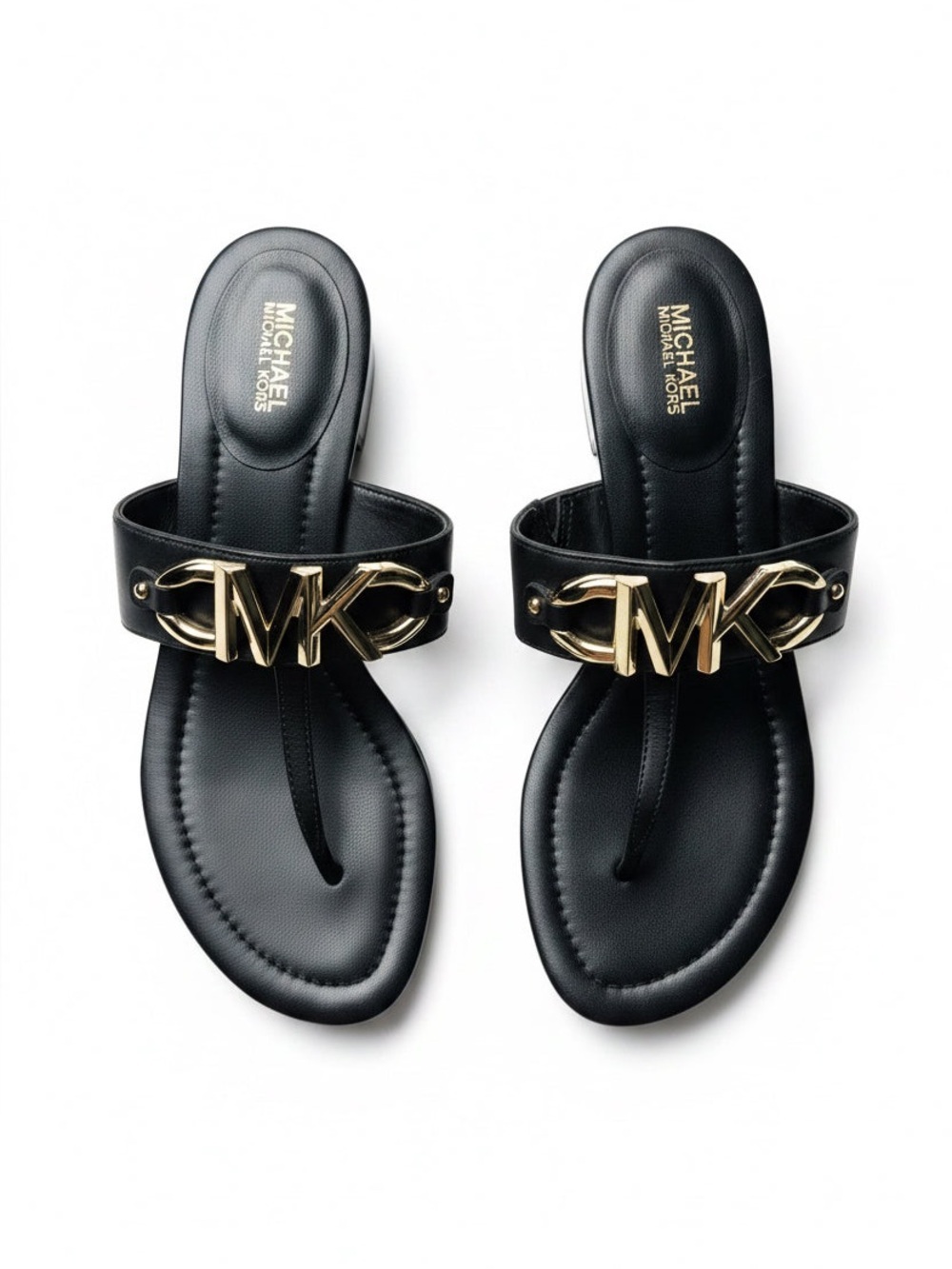 Michael Kors Black Leather MK Logo Thong Sandals with Gold Hardware